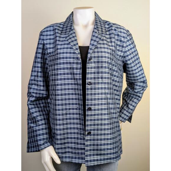 NEW Josephine Chaus Distinctive Charm SILK Blue Gray Check Button Blazer Size 12 - Picture 2 of 9
